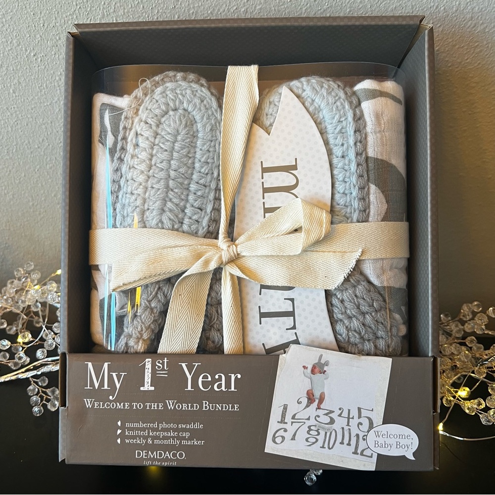 Baby Boy Weekly & Monthly Milestone Blanket & Blue/Gray Bunny Ears Cap Bundle